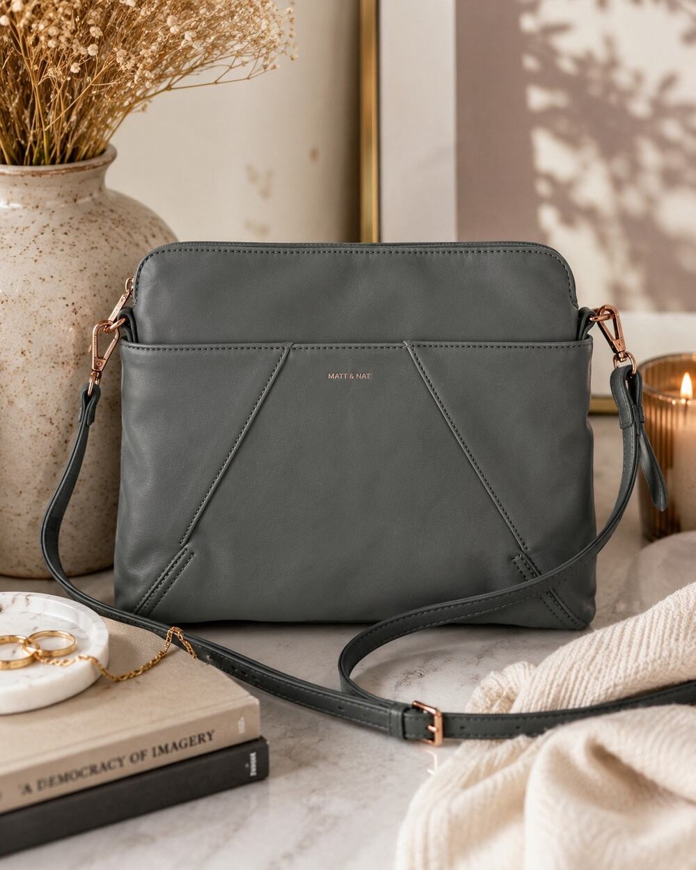 Matt & Nat Vegan Leather Whilem Crossbody Bag in Gray/Green Rose Gold Hardware